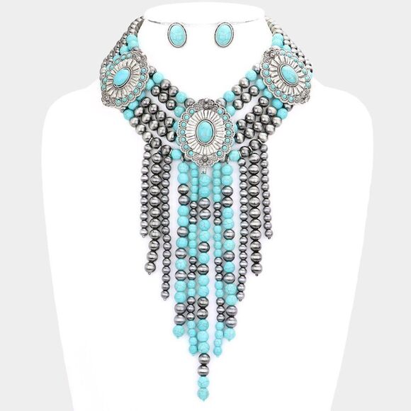 Squash Blossom Natural Stone Accented Layered Fringe Bib Necklace Set - Picture 1 of 10